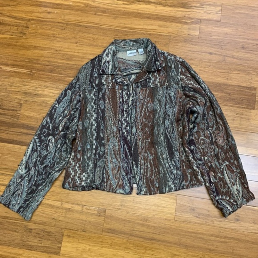 Chico's Tapestry Jacket Womens Size Large Paisley Open Front Long Sleeve Wool